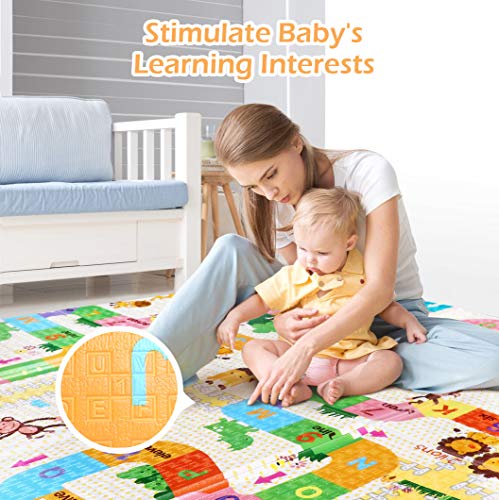 Bammax Alfombra de Juegos para Bebé Plegable, Colchoneta Infantil de Números y Dibujos Animados, Suelo Bebe de XPE, Alfombra de Doble Cara, Alfombra Impermeable, 197 x 177 cm,Grueso (1.5cm), No Tóxico