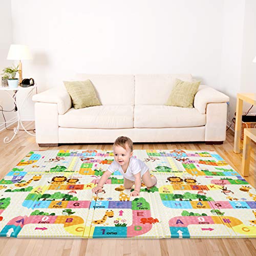 Bammax Alfombra de Juegos para Bebé Plegable, Colchoneta Infantil de Números y Dibujos Animados, Suelo Bebe de XPE, Alfombra de Doble Cara, Alfombra Impermeable, 197 x 177 cm,Grueso (1.5cm), No Tóxico