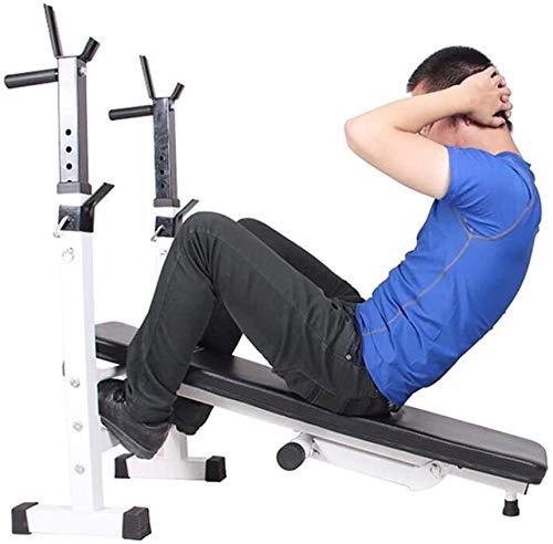 Banco de elevación de Pesas Planas Home Gym Equipment, Banco de Peso con los Pesos y Bar, Plegable Home Fitness Bench Press, Barra Altura del Rack de Peso Ajustable de Ajuste en Banco Blanca