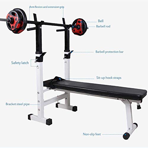 Banco de elevación de Pesas Planas Home Gym Equipment, Banco de Peso con los Pesos y Bar, Plegable Home Fitness Bench Press, Barra Altura del Rack de Peso Ajustable de Ajuste en Banco Blanca