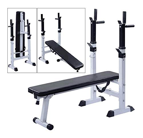 Banco de elevación de Pesas Planas Home Gym Equipment, Banco de Peso con los Pesos y Bar, Plegable Home Fitness Bench Press, Barra Altura del Rack de Peso Ajustable de Ajuste en Banco Blanca