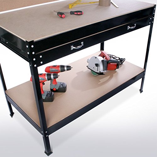 Banco de trabajo de metal con cajones de pared y de taller 120x60cm + 2 cajones y 2 estantes para herramientas Banco de trabajo de metal con cajones de pared y de taller 120x60cm + 2 cajones y 2 estantes para herramientas