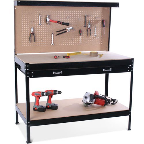 Banco de trabajo de metal con cajones de pared y de taller 120x60cm + 2 cajones y 2 estantes para herramientas Banco de trabajo de metal con cajones de pared y de taller 120x60cm + 2 cajones y 2 estantes para herramientas