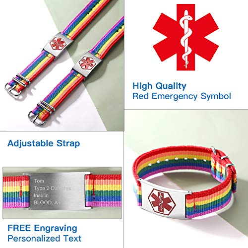 Banda Nylon Multicolores LGBT Homoxesual Gays Lesbianas Arco Iris Pulsera Personalizado con Cruz Médica Signo Mundial Socorro Emergencia Enfermedades Talla Grande L