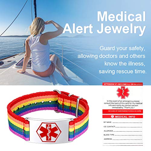 Banda Nylon Multicolores LGBT Homoxesual Gays Lesbianas Arco Iris Pulsera Personalizado con Cruz Médica Signo Mundial Socorro Emergencia Enfermedades Talla Grande L