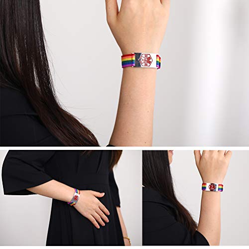 Banda Nylon Multicolores LGBT Homoxesual Gays Lesbianas Arco Iris Pulsera Personalizado con Cruz Médica Signo Mundial Socorro Emergencia Enfermedades Talla Grande L