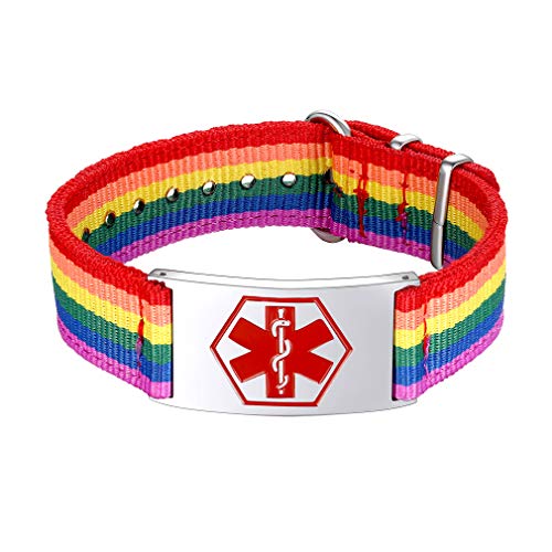 Banda Nylon Multicolores LGBT Homoxesual Gays Lesbianas Arco Iris Pulsera Personalizado con Cruz Médica Signo Mundial Socorro Emergencia Enfermedades Talla Grande L
