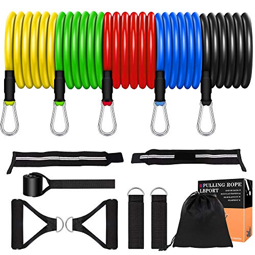 Bandas Elásticas de Resistencia con Muñequeras, 5 bandas extensoras, asas, anclajes para puerta y bolsa de transporte, para entrenamiento de fuerza, entrenamiento corporal, construcción muscular, yoga