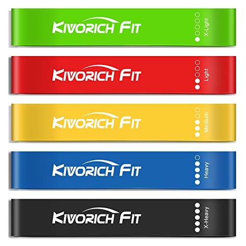 Bandas Elásticas Fitness Musculación, Kivorich Fit Bandas de Resistencia 5pcs Cintas Elásticas Fitness Musculación 5 Niveles(10-45lbs) para mujeres y hombres, para Yoga, Pilates, Gimnasia