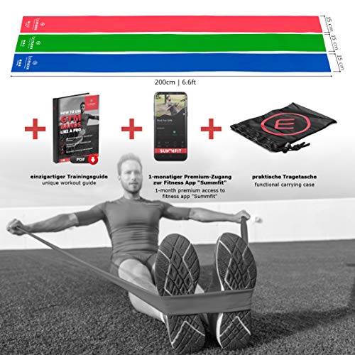 Bandas Elásticas Set de 3 Resistencias / Cintas Extra Largas 2m + eBook Guía de Ejercicios | Mini Fitness Bands Kit | Látex Natural Gomas Crossfit Gimnasia Pilates Glúteos Boxeo Rehabilitacion