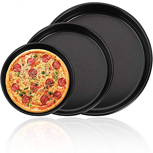 Bandejas Pizza Juego, BESTZY Bandeja Horno Pizza, Juego Universal de Bandejas para Hornear Pizza Antiadherente para Platos de Pizza de Acero al Carbono, 3 Piezas