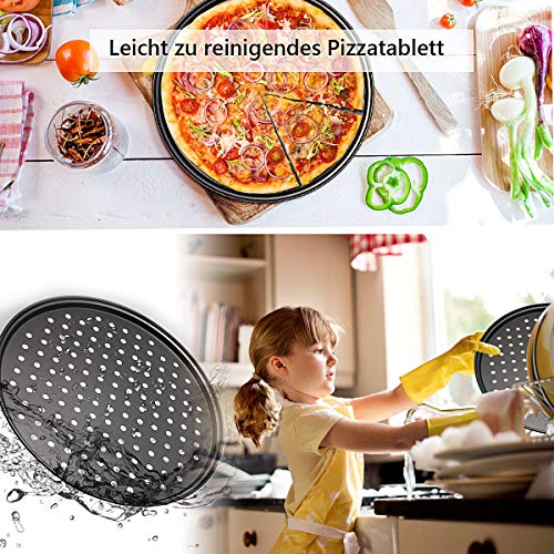 Bandejas Pizza Juego de 3,Acero al Carbono Bandejas para Pizza Horno Redondas Antiadherentes de 12 Pulgadas,Molde para Pizza con Agujeros-Cortador de Pizza-Adecuado para Fiestas Familiares de Cocina