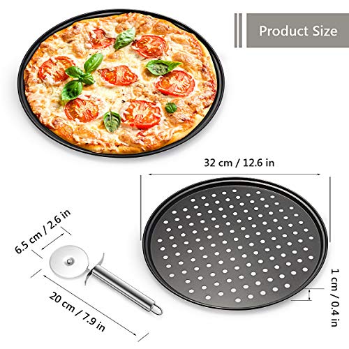 Bandejas Pizza Juego de 3,Acero al Carbono Bandejas para Pizza Horno Redondas Antiadherentes de 12 Pulgadas,Molde para Pizza con Agujeros-Cortador de Pizza-Adecuado para Fiestas Familiares de Cocina