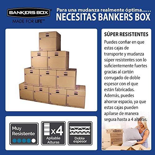 Bankers Box 6208201 Pack 10 Cajas de Cartón 50 x 30 x 30 cm con Asas para Mudanzas, Almacenaje y Transporte Ultraresistentes, Canal Doble Reforzado (Talla L) 45 Litros