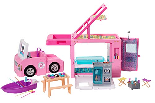 Barbie Caravana para acampar 3 en 1 de Barbie con piscina, camioneta, barca y 50 accesorios, regalo para niñas y niños 3-9 años (Mattel GHL93)