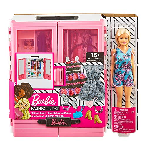 Barbie Fashionista Armario portable con muñeca incluida, ropa, complementos y accesorios de muñecas, regalo para niñas y niños 3-9 años (Mattel GBK12)