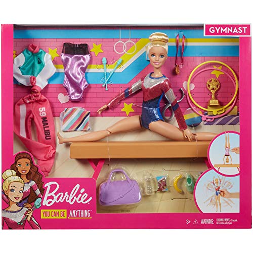 Barbie Olimpíadas, muñeca gimnasta, barra de equilibrios de juguete y más de 15 accesorios (Mattel GJM72)