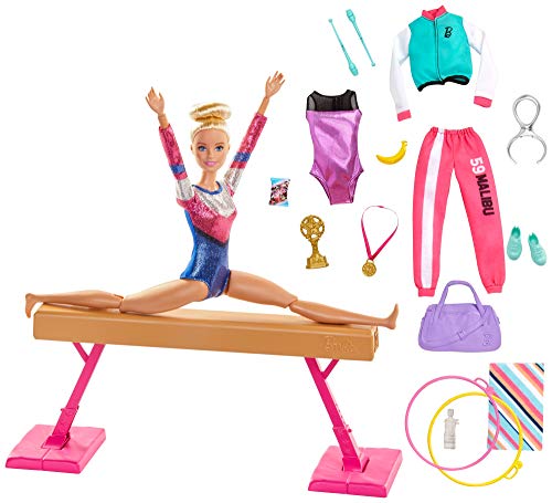 Barbie Olimpíadas, muñeca gimnasta, barra de equilibrios de juguete y más de 15 accesorios (Mattel GJM72)