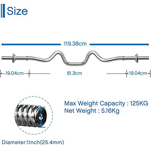 Barra de musculación Longitud 120 cm, Diámetro Ø25mm, Peso 11.5 Lbs,Barra de Entrenamiento para bíceps y tríceps,Barra Curl Z con 2 Collares spinlock