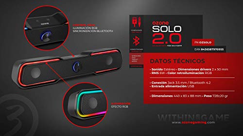 Barra de Sonido Ozone SOLO - Altavoz Pc Gaming - 6W RMS, Portatil, Bluetooth, USB, Jack 3.5, Táctil, RGB, Negro Barra de Sonido Ozone SOLO - Altavoz Pc Gaming - 6W RMS, Portatil, Bluetooth, USB, Jack 3.5, Táctil, RGB, Negro