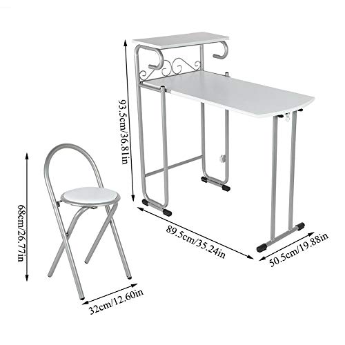 Barra para Cocina con 2 Taburetes Plegable, Mesa de Bar Moderna Desayuno Silla Doble Asiento de Acero con Tablero de Madera, 89 x 50 x 93cm