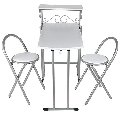 Barra para Cocina con 2 Taburetes Plegable, Mesa de Bar Moderna Desayuno Silla Doble Asiento de Acero con Tablero de Madera, 89 x 50 x 93cm Barra para Cocina con 2 Taburetes Plegable, Mesa de Bar Moderna Desayuno Silla Doble Asiento de Acero con Tablero de Madera, 89 x 50 x 93cm