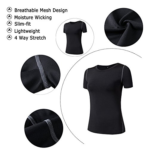 Barrageon Camiseta de Compresión Mangas Cortas Running para Mujer Baselayer Top Secado Rápido Fit para Deportes Ejercicio Gimnasio Entrenamiento Cruzado Correr Yoga Jogging Negro-M