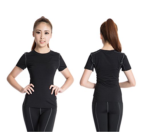 Barrageon Camiseta de Compresión Mangas Cortas Running para Mujer Baselayer Top Secado Rápido Fit para Deportes Ejercicio Gimnasio Entrenamiento Cruzado Correr Yoga Jogging Negro-M