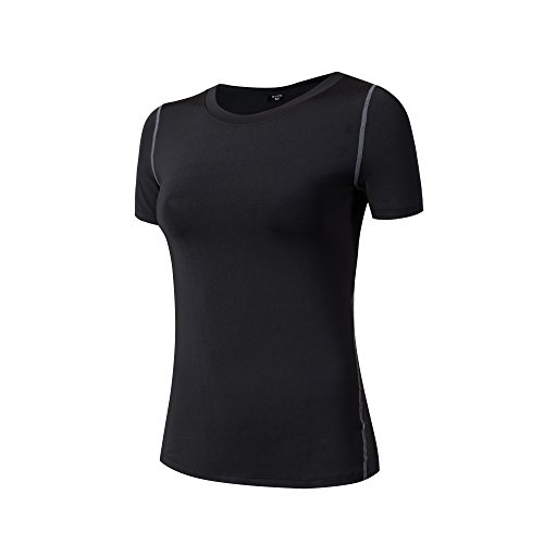 Barrageon Camiseta de Compresión Mangas Cortas Running para Mujer Baselayer Top Secado Rápido Fit para Deportes Ejercicio Gimnasio Entrenamiento Cruzado Correr Yoga Jogging Negro-M