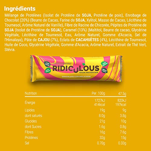 Barrita Proteica Vegana Ridiculous | 100% A Base de Plantas | Sin Aceite de Palma | 15g Proteína y Baja en Azúcar | THE PROTEIN WORKS | Chocolate Caramelicioso | Caja de 9