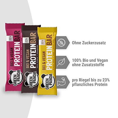 Barritas proteicas veganas sin azúcar con mas del 20% de proteínas vegetales (proteínas de semillas de calabaza, cáñamo y semillas de girasol), barritas proteicas 12 x 30g de Green Panda (3 sabores)