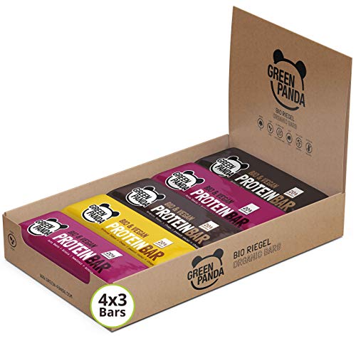 Barritas proteicas veganas sin azúcar con mas del 20% de proteínas vegetales (proteínas de semillas de calabaza, cáñamo y semillas de girasol), barritas proteicas 12 x 30g de Green Panda (3 sabores)