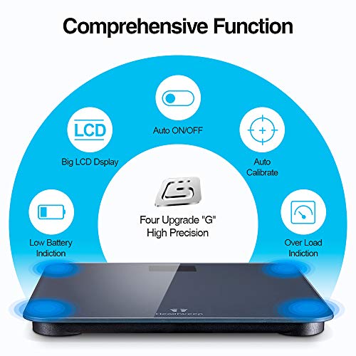 Báscula de Baño Báscula Inteligente Bluetooth Báscula Digital con IMC de Alta Precisión, Monitores de Peso Corporal Maximo 180kg para Andriod (4.0 y superior) y IOS(8.0 y superior), Negro