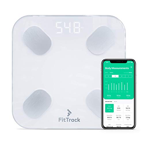 Báscula Inteligente FitTrack Dara Aprobada Por la FDA - Báscula de Baño Digital Bluetooth - Android & iOS - Báscula Grasa Corporal y Muscular - Monitor de Composición Corporal Con 17 Indicadores