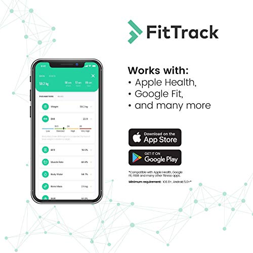 Báscula Inteligente FitTrack Dara Aprobada Por la FDA - Báscula de Baño Digital Bluetooth - Android & iOS - Báscula Grasa Corporal y Muscular - Monitor de Composición Corporal Con 17 Indicadores