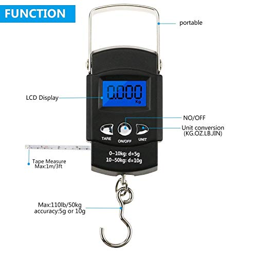 Básculas de equipaje Buluri escala de pesca de viaje portátil 110Ib / 50 kg pantalla LCD Báscula de gancho para colgar electrónica digital con 1M regla de cinta de medición Básculas de equipaje Buluri escala de pesca de viaje portátil 110Ib / 50 kg pantalla LCD Báscula de gancho para colgar electrónica digital con 1M regla de cinta de medición
