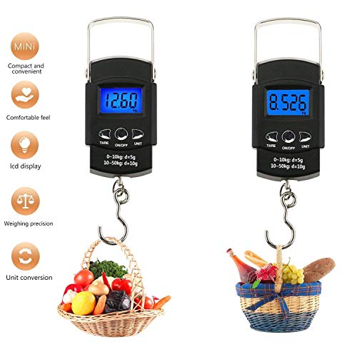 Básculas de equipaje Buluri escala de pesca de viaje portátil 110Ib / 50 kg pantalla LCD Báscula de gancho para colgar electrónica digital con 1M regla de cinta de medición Básculas de equipaje Buluri escala de pesca de viaje portátil 110Ib / 50 kg pantalla LCD Báscula de gancho para colgar electrónica digital con 1M regla de cinta de medición
