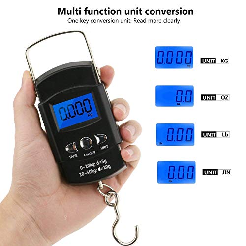 Básculas de equipaje Buluri escala de pesca de viaje portátil 110Ib / 50 kg pantalla LCD Báscula de gancho para colgar electrónica digital con 1M regla de cinta de medición Básculas de equipaje Buluri escala de pesca de viaje portátil 110Ib / 50 kg pantalla LCD Báscula de gancho para colgar electrónica digital con 1M regla de cinta de medición