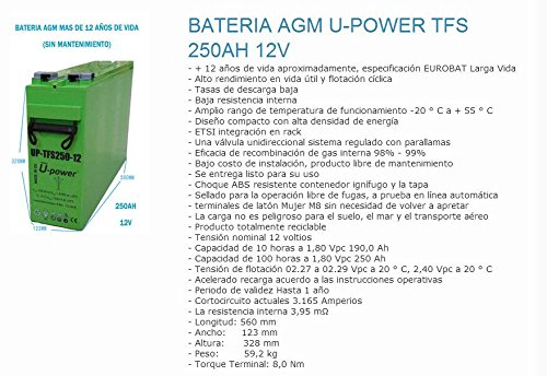 Batería AGM 12v 250AH Fotovoltaica para Instalaciones Solares | U-Power UP-TFS250-12v Batería AGM 12v 250AH Fotovoltaica para Instalaciones Solares | U-Power UP-TFS250-12v