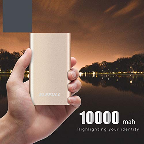 Batería Externa 10000mAh con Linterna 2 Puertos USB Banco de Energía Portátil Rápido con Carcasa Metálica y Aspecto Elegante para Teléfonos Móviles Tabletas y Otras Electrónicas (10000mAh Oro)