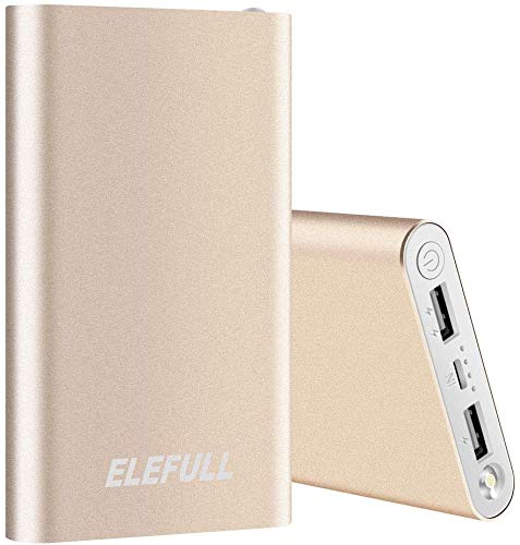 Batería Externa 10000mAh con Linterna 2 Puertos USB Banco de Energía Portátil Rápido con Carcasa Metálica y Aspecto Elegante para Teléfonos Móviles Tabletas y Otras Electrónicas (10000mAh Oro)