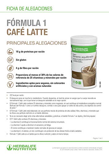 Batido Fórmula 1 Herbalife sustitutivo de comidas bajo en calorías. Rico en proteínas, vitaminas y minerales. Efecto saciante. Sabor Cafe Latte 550 g