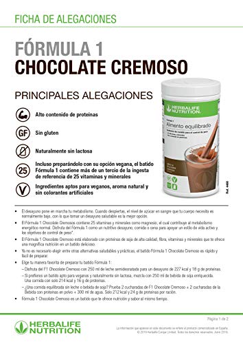 Batido Fórmula 1 Herbalife sustitutivo de comidas bajo en calorías. Rico en proteínas, vitaminas y minerales. Efecto saciante. Sabor chocolate cremoso 550 g