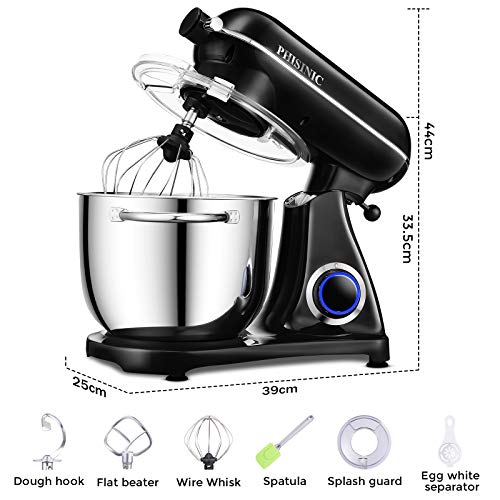 Batidora Amasadora, PHISINIC Amasadora de Pan Repostería, 1800 W 6.5 L Robot de Cocina Multifunción, Potente y Silencioso, Cuerpo Metálico, 6 Velocidades, Amasador, Batidor y Varillas, Color Negro