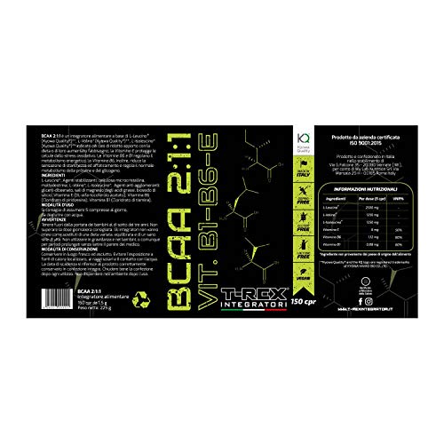 BCAA 2:1:1 Obtenido por medio de Fermentación - 150 Comprimidos KYOWA® - Suplemento de Aminoácidos ramificados básicos y esenciales en Relación 2:1:1 con Vitaminas B1-B6-E, T-Rex Integratori