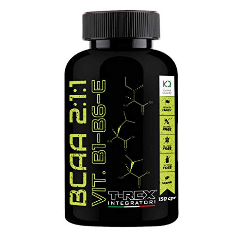 BCAA 2:1:1 Obtenido por medio de Fermentación - 150 Comprimidos KYOWA® - Suplemento de Aminoácidos ramificados básicos y esenciales en Relación 2:1:1 con Vitaminas B1-B6-E, T-Rex Integratori