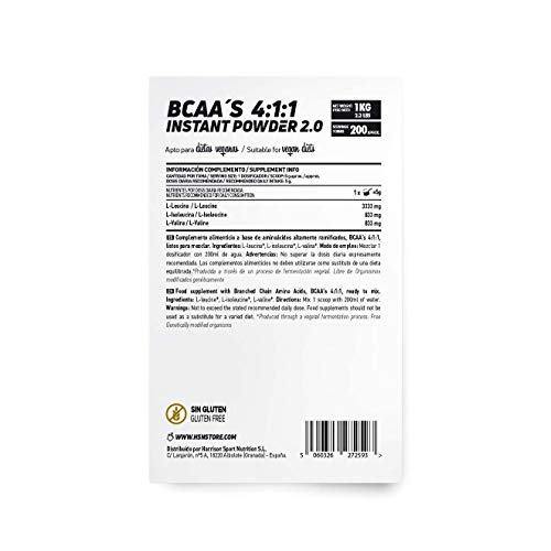 BCAA 4:1:1 de HSN | Isoleucina, Valina Leucina en Polvo | Disolución Perfecta | Recuperador del Entrenamiento | Vegano, Sin Gluten, Sin Lactosa, Sin Azúcar | Sabor Neutro | 1Kg