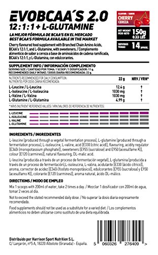 BCAA con Glutamina de HSN Evobcaa's 2.0 | Aminoácidos Ramificados Ratio 12:1:1 (L-Leucina + L-Valina + L-Isoleucina) | Recuperación y Ganar Masa Muscular | Vegano, Sin Lactosa, Sabor Cereza, 150g