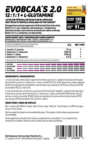 BCAA con Glutamina de HSN Evobcaa's 2.0 | Aminoácidos Ramificados Ratio 12:1:1 (L-Leucina + L-Valina + L-Isoleucina) | Recuperación y Ganar Masa Muscular | Vegano, Sin Lactosa, Sabor Piña, 1Kg