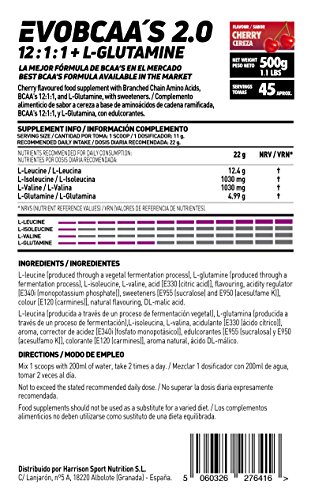 BCAA con Glutamina de HSN Evobcaa's 2.0 | Aminoácidos Ramificados Ratio 12:1:1 (L-Leucina + L-Valina + L-Isoleucina) | Recuperación y Ganar Masa Muscular | Vegano, Sin Lactosa, Sabor Cereza, 500g